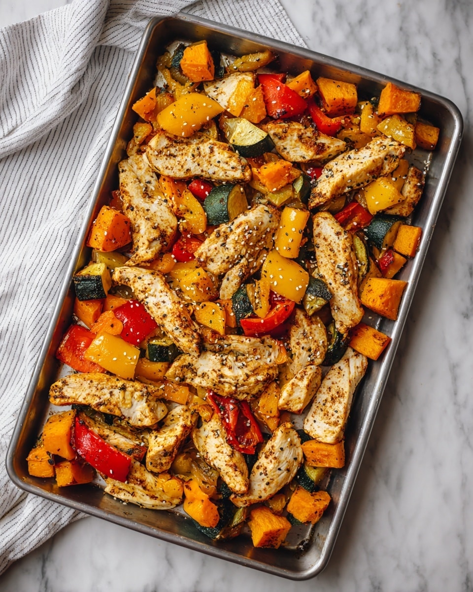The image shows a tray filled with cooked chicken strips and mixed roasted vegetables. The chicken strips are light golden brown with spices seen on the surface, placed irregularly around the tray. The vegetables include chunks of bell peppers in bright colors of red, yellow, and green, and cubes of orange squash. All the ingredients have a slightly charred, roasted texture, giving a rustic look. Small white sesame seeds are scattered on top, adding texture contrast. The tray sits on a white marbled surface, and a white and gray striped cloth is partly visible in the top left corner. photo taken with an iphone --ar 4:5 --v 7