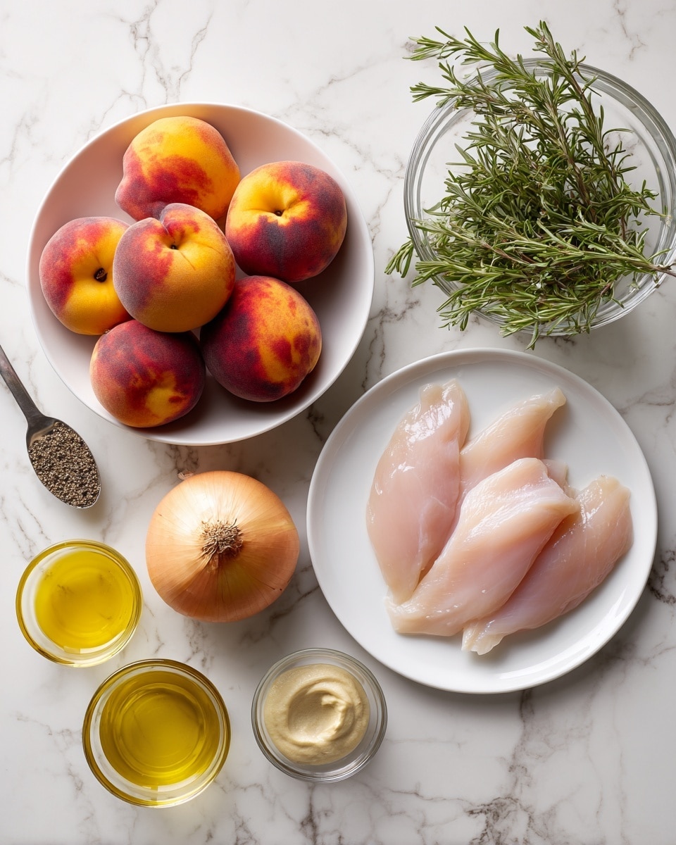 The image shows a top view of several food items placed on a white marbled surface. In the center, there is a white bowl holding five whole peaches with red and orange skins, some dark spots on them. To the right, a white plate holds two raw turkey slices, pale pink and smooth in texture. Above the turkey, a clear glass bowl is filled with fresh sprigs of bright green rosemary. Below the peaches sits a whole round onion with brownish-yellow skin and some white showing near the root. To the left of the peaches are three small glass bowls: one with a yellow liquid (olive oil), another with a light beige paste (mustard), and a third with some more yellow liquid and a small silver spoon. Above these bowls is a small silver measuring spoon filled with coarse black pepper. photo taken with an iphone --ar 4:5 --v 7