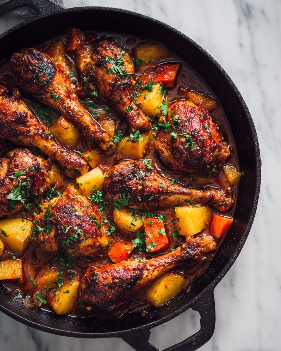 A black skillet filled with cooked chicken drumsticks sitting on top of a thick sauce with visible pieces of orange and yellow vegetables like carrots and potatoes. The chicken pieces are browned and slightly shiny, showing it has been cooked well. The sauce looks rich and coats the chicken and vegetables evenly. The skillet rests on a white marbled surface. Photo taken with an iphone --ar 4:5 --v 7