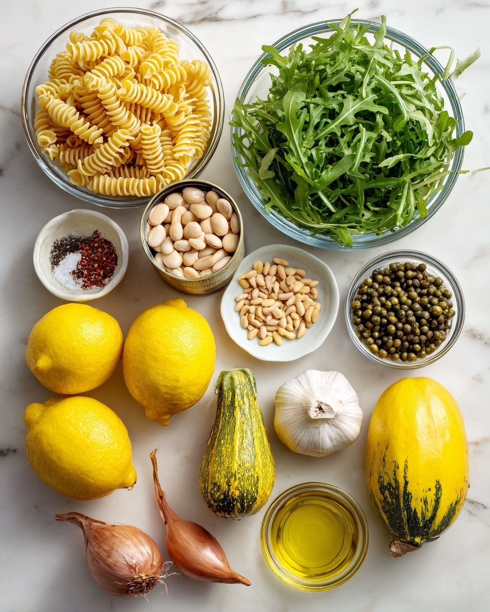 The image shows various fresh ingredients arranged on a white marbled surface. There is a clear glass bowl filled with uncooked rotini pasta, next to a can of cannellini beans standing upright. Beside that, there is a clear glass bowl full of fresh green arugula leaves. In front, there are three bright yellow lemons placed close to each other, next to two fresh squash vegetables, one yellow and one green, lying horizontally. There are two shallots placed beside the lemons and squash. A whole bulb of garlic rests near a small glass bowl filled with green capers. Near the shallots, there is an oval white dish holding small piles of salt, black pepper, and red pepper flakes. Also, a small clear bowl of pine nuts and a small bowl of olive oil complete the setup, all on a white marbled background. Photo taken with an iphone --ar 4:5 --v 7