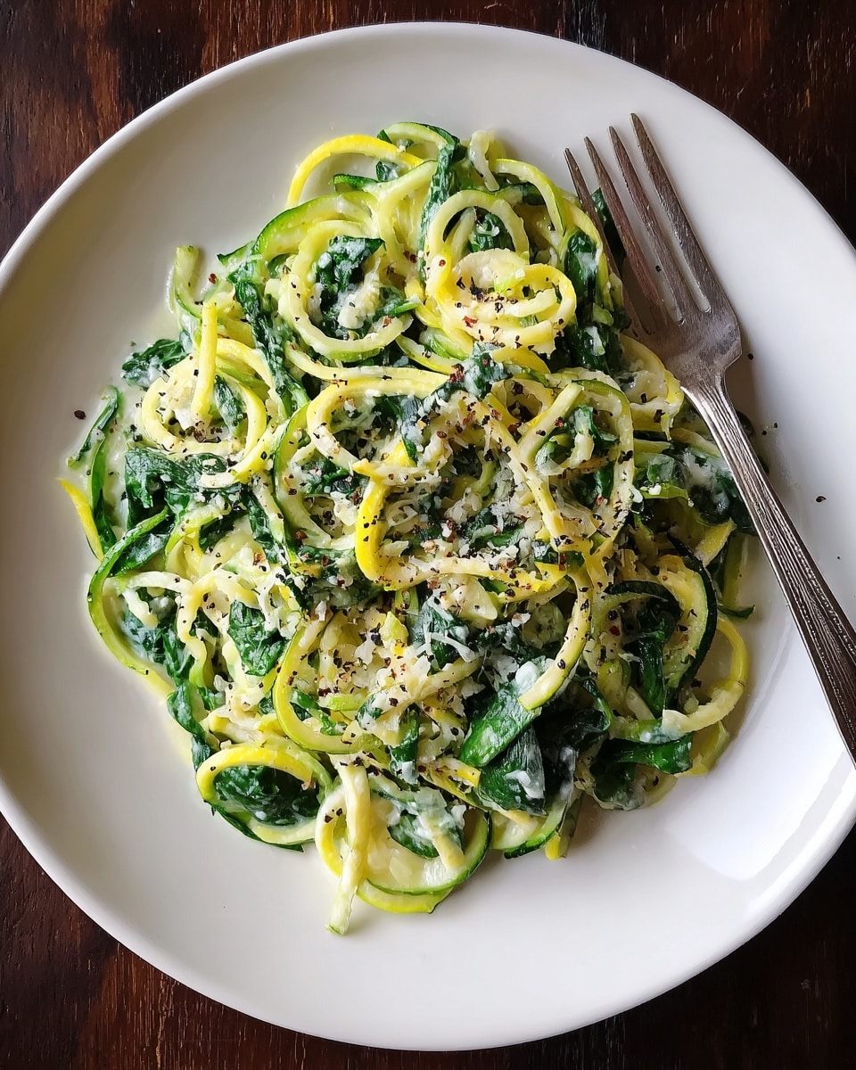 A white plate filled with spiral-shaped zucchini noodles in light green and yellow colors mixed with fresh dark green spinach leaves. The noodles are lightly coated with a creamy sauce and sprinkled with finely grated white cheese and cracked black pepper. A silver fork rests on the right side of the plate, and the plate is placed on a dark wooden surface. photo taken with an iphone --ar 4:5 --v 7