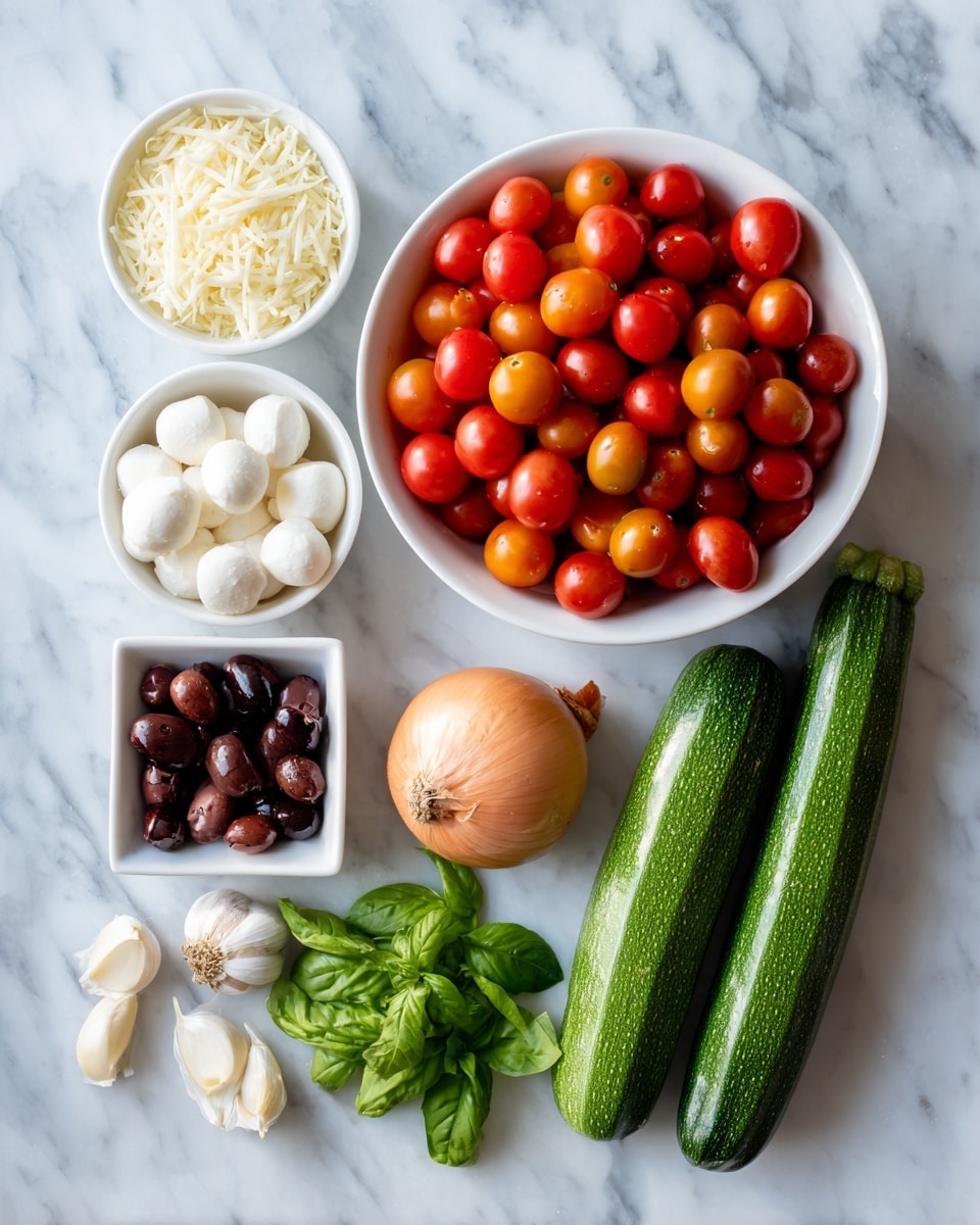 The image shows a group of fresh ingredients on a white marbled surface. There is a large white bowl full of small red and orange cherry tomatoes in the center. To its left, there are two small white bowls, one filled with white mozzarella balls and the other with light yellow grated cheese. In front, there is a small white square dish holding dark olives. To the right of the olives are fresh green basil leaves. Next to the basil, there is a whole light brown onion and several peeled garlic cloves arranged beside it. On the far right side, there are two whole green zucchinis with smooth skin arranged parallel to each other. The ingredients form a neat group with different colors and textures. Photo taken with an iphone --ar 4:5 --v 7