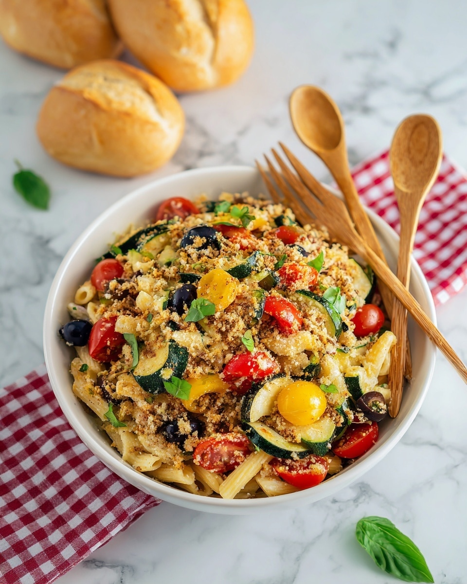 A white bowl filled with layered pasta topped with a mix of cooked zucchini slices, cherry tomatoes in red and yellow, black olives, and chopped onions, all covered with a crumbly tan topping and garnished with green basil leaves evenly spread. On top of the dish, there are two wooden utensils, a spoon and a fork, crossed in the center. In the background, two bread rolls sit on a white marbled surface with a red and white checkered cloth nearby. Photo taken with an iphone --ar 4:5 --v 7