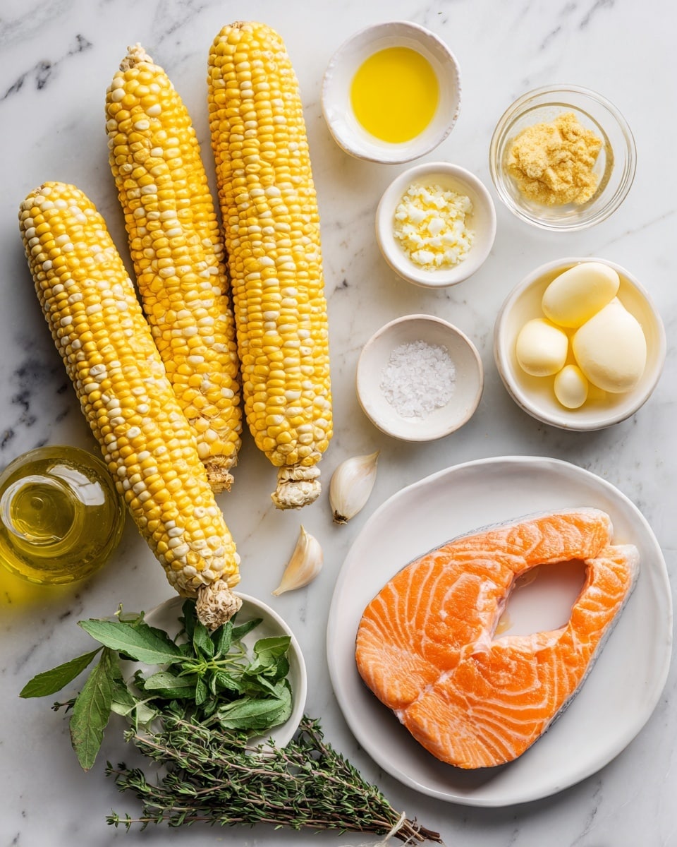Three ears of yellow and white corn lie next to a glass filled with uncooked yellow spaghetti on a white marbled surface. Around them are small white bowls holding light yellow olive oil, minced garlic, salt, yellow ginger paste, black pepper, a small piece of butter, and several raw egg yolks in a bowl. There is a white plate with a curved, cooked salmon steak showing orange skin and pink flesh. Fresh green herbs including basil, thyme, and rosemary sit in a white bowl. A bottle of olive oil is visible near the bottom left. All items are arranged neatly on a white marbled surface photo taken with an iphone --ar 4:5 --v 7