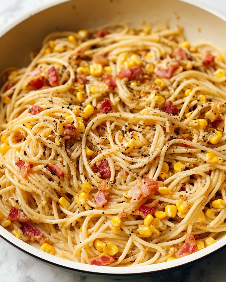 A close-up view of a white pan filled with spaghetti pasta mixed with small yellow corn kernels and small pieces of cooked bacon showing crispy edges and pinkish-red tones. The spaghetti is light golden, twisted and spread evenly, with a sprinkling of black pepper on top giving tiny dark specks overall. The pan is on a white marbled surface. The image has warm natural lighting highlighting the textures of the pasta, corn, and bacon, showing a slightly oily shine on the spaghetti. Photo taken with an iphone --ar 4:5 --v 7
