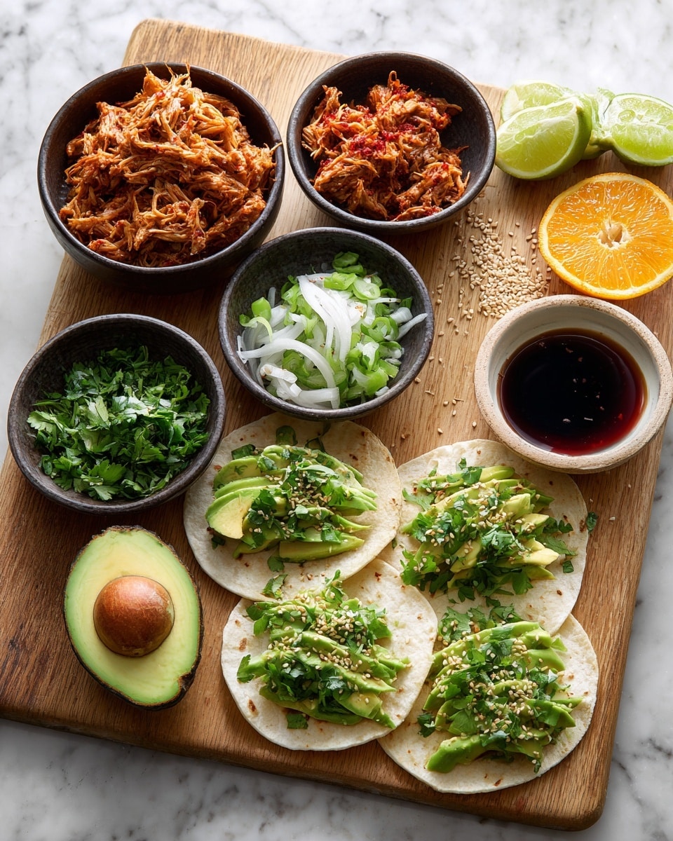 A wooden board holds several small dark bowls arranged neatly on a white marbled surface. Two white round tostadas topped with layers of sliced avocado and green herbs with sesame seeds are placed on the right side of the board. Nearby are bowls containing shredded reddish-orange seasoned meat, chopped green herbs, thin white onion slices sprinkled with red powder, sesame seeds, and a dark soy sauce liquid. Half an avocado, with its seed, rests on the left side of the board. A small bowl at the top right holds half a lime and a slice of orange. The colors are bright and fresh, and the textures vary from creamy avocado to shredded meat and crisp onions, showing a balanced and tasty setup photo taken with an iphone --ar 4:5 --v 7