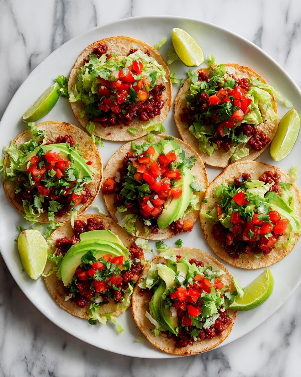 The image shows seven round tacos placed on a white plate over a white marbled surface. Each taco has multiple layers, starting with soft beige tortillas at the base. On top of the tortillas, there is a generous layer of small dark red chunks of meat, followed by a topping of finely chopped green lettuce and cilantro scattered unevenly. Bright red diced tomatoes add color on top of the lettuce, and thin slices of pale green avocado rest on some tacos, slightly angled. Small lime wedges are placed around the tacos on the white marbled surface. The bright colors of the ingredients contrast well with the neutral white plate and marbled background, making the food look fresh and vivid, photo taken with an iphone --ar 4:5 --v 7