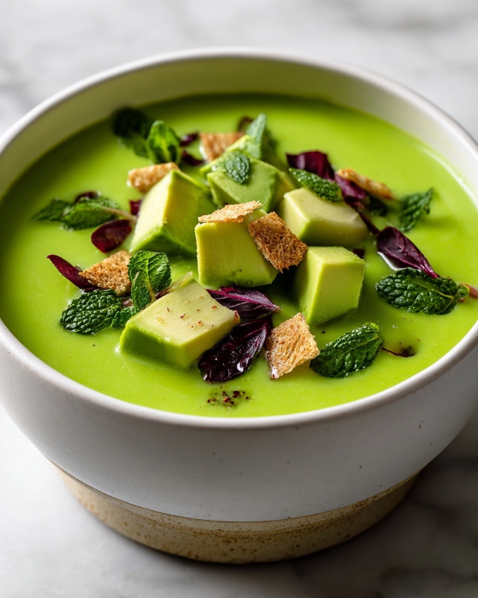 A white bowl filled with thick, creamy bright green soup forms the base layer, topped with large cubes of smooth avocado in a lighter green shade. On the surface, there are thin, light brown bread strips placed in a scattered way along with small dark purple leafy greens and a few thin slices of red apple with white flesh. Tiny fresh green mint leaves are also spread evenly over the soup, all set against a white marbled surface. photo taken with an iphone --ar 4:5 --v 7