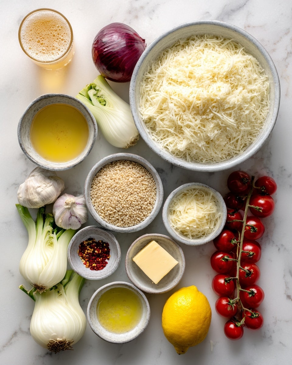 The image shows a top view of various cooking ingredients neatly arranged on a white marbled surface. In the center, there's a large white bowl filled with small, pale beige grains. Above it, a gray bowl is heaped with fluffy, white shredded cheese. Surrounding these bowls are smaller gray dishes holding a yellow block of butter, light brown seeds, and red chili flakes. On the left side, two white fennel bulbs with green fronds lay beside a single purple onion and a white garlic bulb. On the right side, a bright yellow lemon sits near a bunch of red cherry tomatoes still on the vine. At the top left corner, two glasses contain a light brown frothy liquid and a golden yellow liquid, adding height to the composition. The overall look is clean, bright, and organized photo taken with an iphone --ar 4:5 --v 7