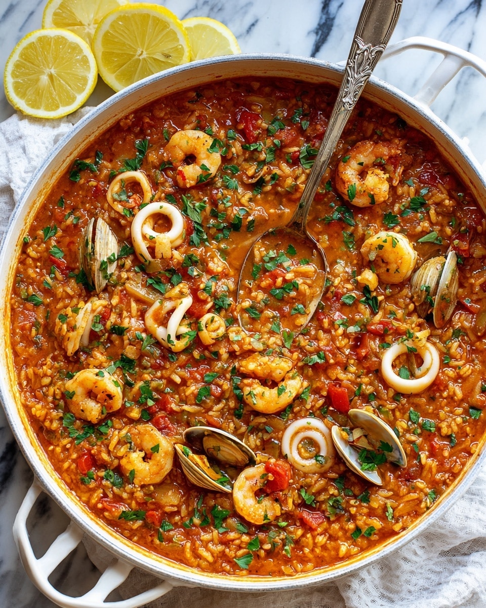 A white pan filled with a thick tomato-based seafood rice dish, showing plump shrimp, curled white squid rings, small clams, and chunks of red tomatoes spread evenly throughout the glossy, reddish-orange sauce. Bright green parsley leaves are scattered on top, adding spots of fresh color. A silver spoon rests inside the pan, partially dipped in the rice, and the background features a white marbled texture with a white cloth underneath the pan. On the side are three lemon wedges, bright yellow and fresh-looking. photo taken with an iphone --ar 4:5 --v 7