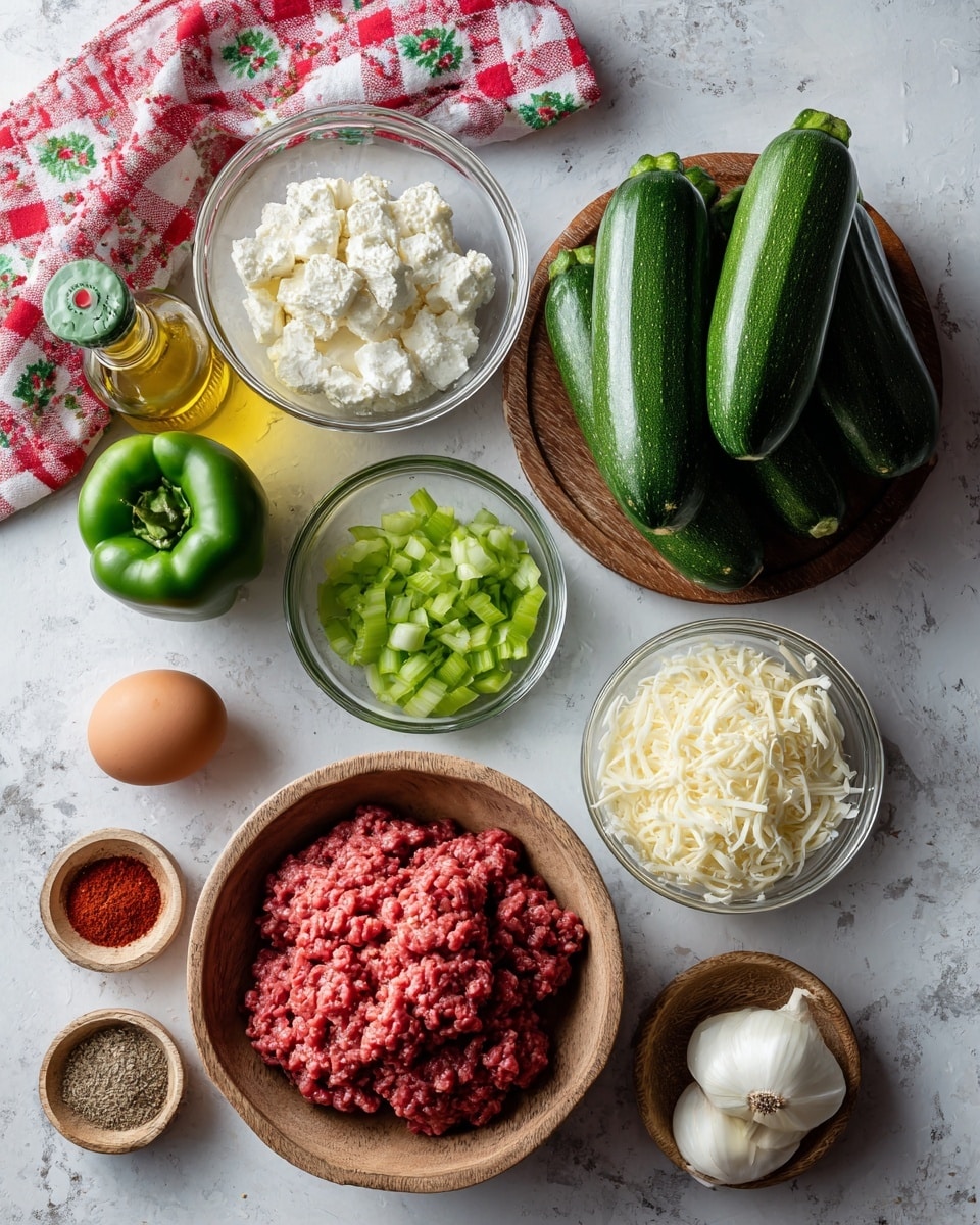 The image shows ingredients for cooking arranged on a white marbled surface. At the center right, there is a wooden bowl filled with six fresh green zucchinis stacked. Above it, a clear glass bowl contains white crumbled cheese. To the left of the cheese, there is a whole green bell pepper. Below the cheese, a bottle of light golden olive oil is placed. On the left side of the image, there is a red and white checkered cloth with floral designs. Near the cloth, a clear bowl holds chopped green celery. Below that, a larger clear bowl is filled with red raw ground meat. To the right of the meat, two smaller clear bowls hold white shredded cheese and chopped white onion, respectively. In front of these, three small containers contain red spice powder, minced garlic, and a sliced clove of garlic. Lastly, a single brown egg is positioned near the cheese bowls. photo taken with an iphone --ar 4:5 --v 7
