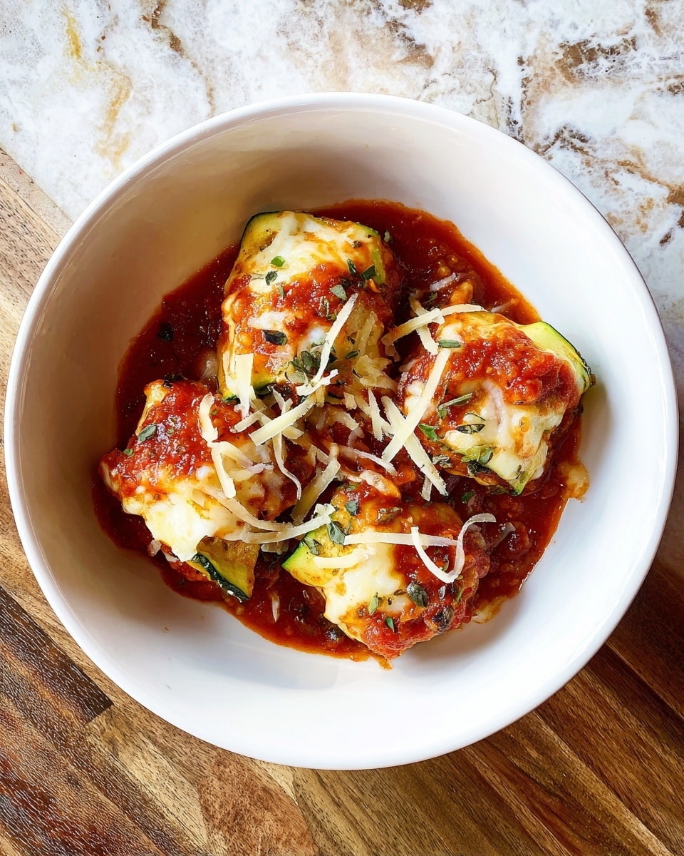 A white bowl filled with small rolled pieces of zucchini layered with melted white cheese inside and topped with a thick red tomato sauce. The zucchini rolls are browned slightly on the outside and sprinkled with thin shreds of light yellow cheese and small green herbs. The bowl is placed on a wooden surface with a white marbled texture in the background. Photo taken with an iphone --ar 4:5 --v 7