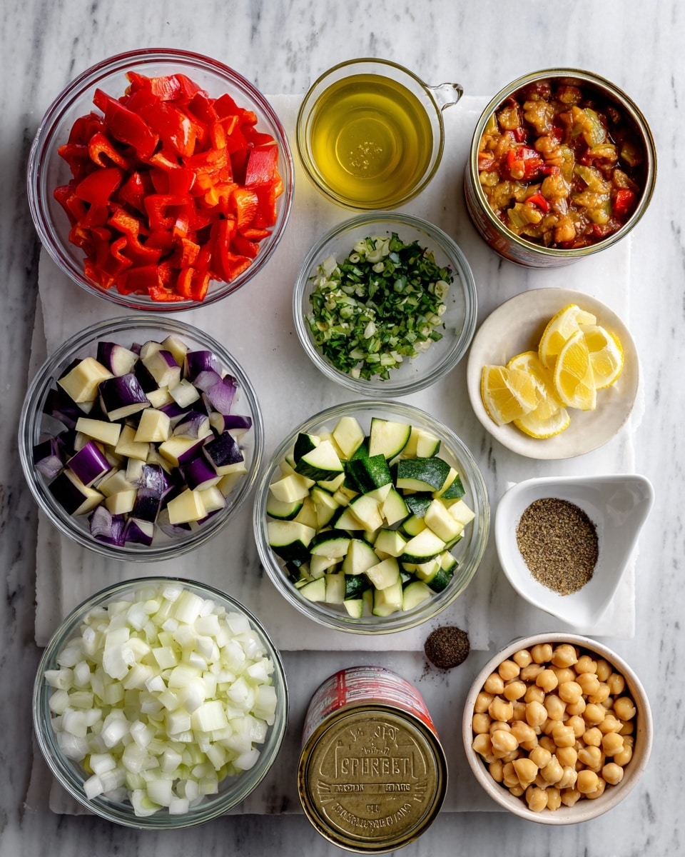 The image shows a white marbled surface with several clear glass bowls arranged across it, each containing different fresh ingredients. From left to right, there are bright red chopped bell peppers in one bowl, white diced onions in a larger bowl, diced eggplants with purple skin and white inside in another, and chopped green zucchini pieces. Smaller bowls hold minced garlic, minced ginger, finely chopped green herbs, and a dark brown ground spice in a small white ramekin. There is a clear measuring cup with a light yellow liquid, likely oil, and two open cans, one labeled diced tomatoes with red contents and the other garbanzo beans showing beige chickpeas. A small white bowl contains lemon wedges with a slight yellow color. Everything is neatly placed on the white marbled surface. photo taken with an iphone --ar 4:5 --v 7