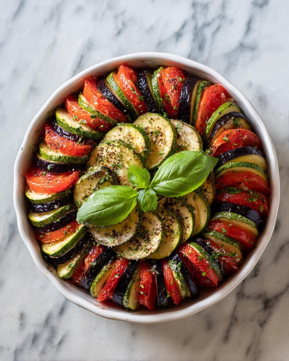 The image shows a round dish filled with neatly arranged vegetable slices in circular layers. The vegetables include green zucchini, dark purple eggplant, and red tomatoes, alternating in a repeating pattern around the dish. Light golden slices of garlic are scattered on top along with some finely chopped herbs and black pepper. In the center, there are two fresh green basil leaves adding a pop of color. The dish sits on a white marbled surface. photo taken with an iphone --ar 4:5 --v 7