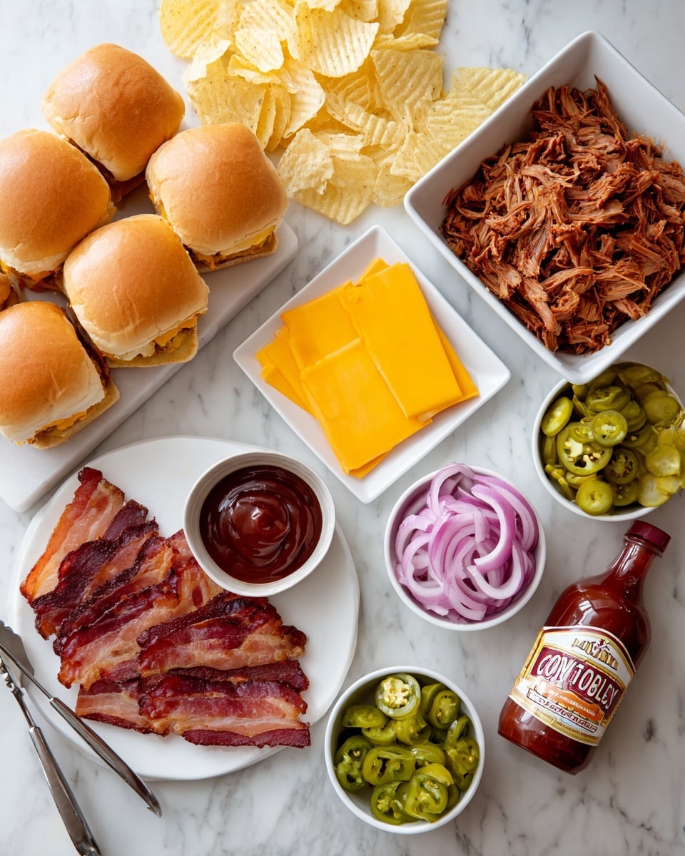 The image shows a white marbled surface with various ingredients for a sandwich meal. There are three golden brown sandwich buns stacked on the left, with slices of bright yellow cheese placed neatly on a square white dish on the right. At the top right, there is a large white dish filled with shredded cooked meat. Near the center, a bottle of barbecue sauce with a red and white label is lying down. To the left of the sauce, there is a round white plate with several slices of crispy, dark reddish-brown bacon and silver tongs resting on the plate. Smaller white bowls hold sliced pickles, thinly sliced red onion rings, and sliced green jalapeños. Near the top left, some potato chips are visible. The whole setup sits on a clean white marbled surface. The photo taken with an iphone --ar 4:5 --v 7