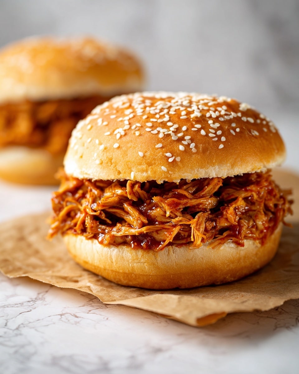 The image shows a sandwich with two layers: the bottom layer is a light brown toasted bun, and the top layer is a sesame seed-covered bun. Between these buns is a thick layer of shredded, sauced meat that is orange-brown in color and looks moist and tender. The sandwich sits on brown parchment paper, placed on a white marbled surface. In the background, another similar sandwich is seen slightly out of focus. Photo taken with an iphone --ar 4:5 --v 7
