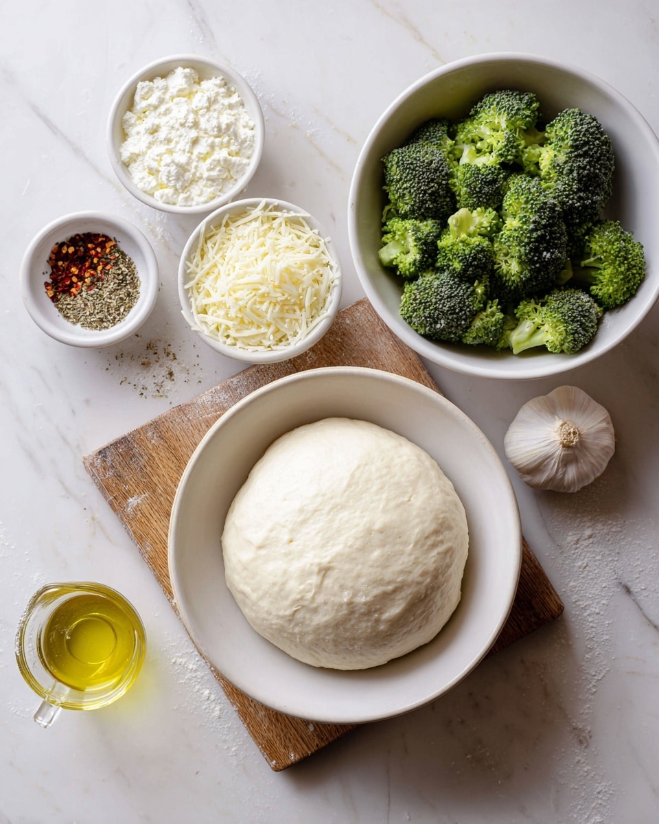 A white bowl filled with a smooth, round ball of dough is placed on the right side of a white marbled textured surface. Next to it, on the upper right, there is another white bowl with bright green broccoli florets. On the top left, a wooden board holds three small white bowls: one filled with creamy white ricotta cheese, one with light yellow shredded mozzarella cheese, and the smallest bowl showing a mix of black pepper, salt, and dried herbs. In front of the wooden board, near the bottom left corner, there is a glass container with olive oil and red pepper flakes inside. In the top right corner of the image, a whole garlic bulb rests on the white marbled surface. Photo taken with an iphone --ar 4:5 --v 7