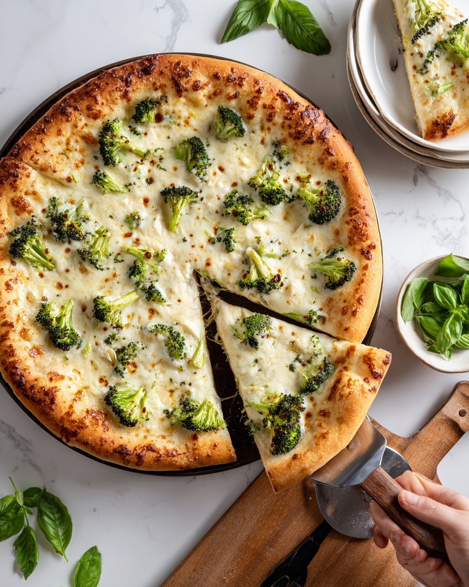 A round pizza with a thick golden brown crust is topped with a creamy white sauce base covered by melted white cheese. Small, bright green broccoli florets are spread evenly over the cheese, giving a fresh pop of color. Thin slices of garlic are sprinkled lightly across the surface, adding texture. A woman's hand is holding a wooden-handled pizza spatula, lifting a single triangular slice away from the whole pizza. The pizza rests on a dark round pizza pan placed on a white marbled surface. To the right, there is a wooden paddle board holding a stack of clean white plates with a black-handled pizza cutter on top. Nearby, a small white bowl contains a few fresh green basil leaves and some basil leaves are scattered around it. The photo taken with an iphone --ar 4:5 --v 7