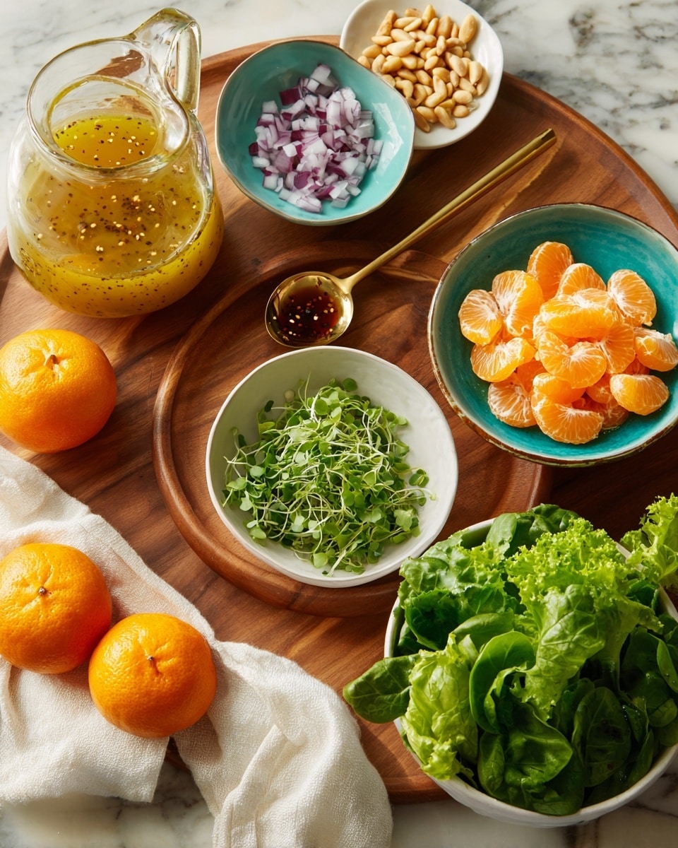 A wooden board on a white marbled surface holds several items: a white bowl with tiny, light green sprouts in the center; to its right, a turquoise bowl filled with bright orange mandarin slices; above that, a small white bowl with pale pine nuts; above left, a glass pitcher with yellow-orange dressing with visible seeds; next to it, a turquoise bowl filled with fresh, dark green spinach leaves; below left, a small turquoise bowl with chopped red onions; at the bottom right, a bunch of curly green lettuce partially covered by a white cloth; and three whole orange mandarins placed on the left side of the board. A gold spoon with some dressing is placed near the onions. photo taken with an iphone --ar 4:5 --v 7