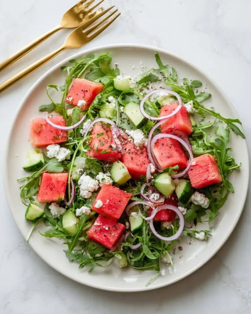 Watermelon Basil Salad with Feta and Lime Dressing Recipe