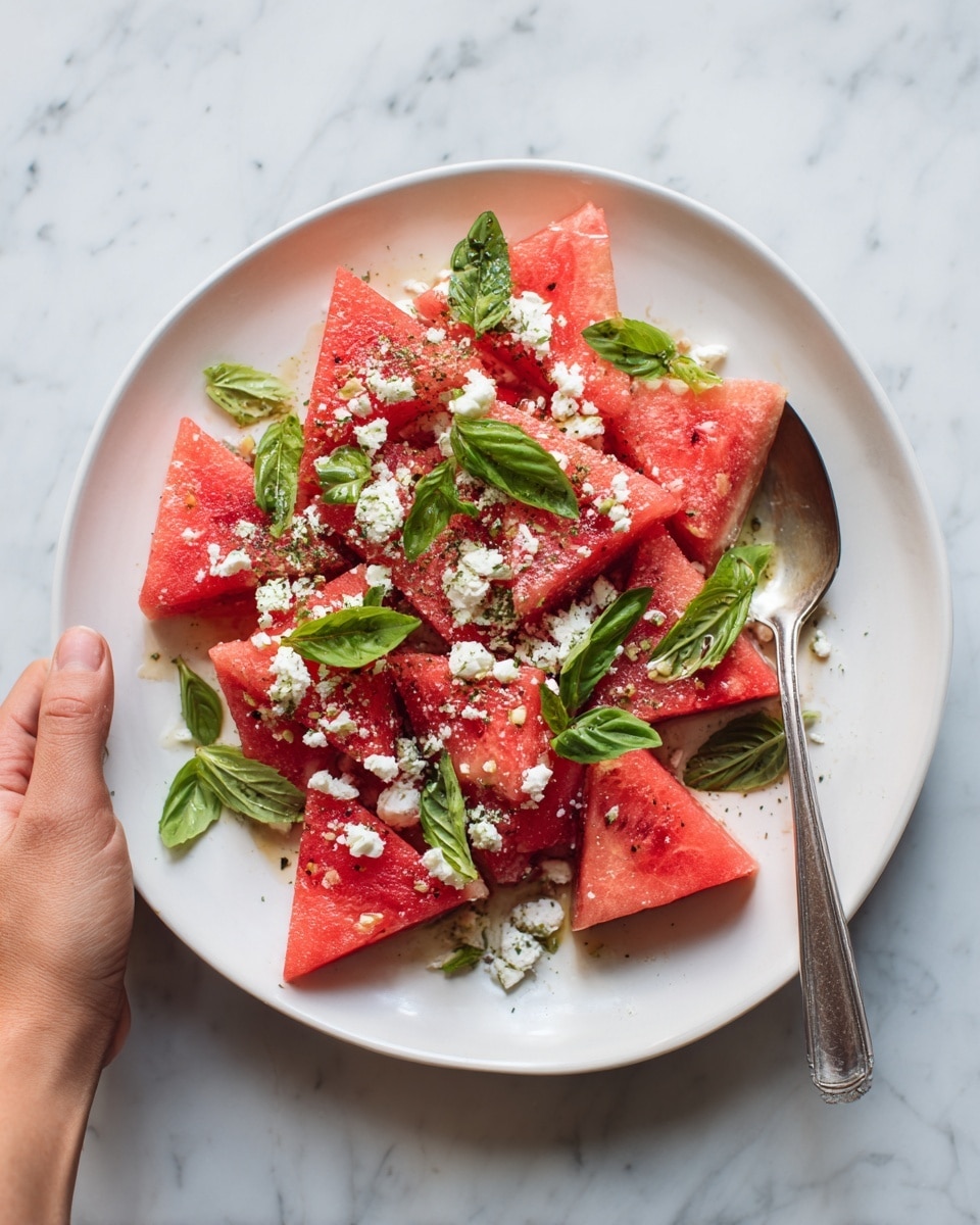 A white plate holds a watermelon salad arranged in triangular slices with bright red flesh and small black seeds. Scattered on top are small white crumbles of cheese, with fresh green basil leaves spread evenly across the dish, giving a mix of colors. A silver spoon is placed on the edge of the plate, and a woman's hand is reaching to serve the salad. The background shows a white marbled texture surface. photo taken with an iphone --ar 4:5 --v 7