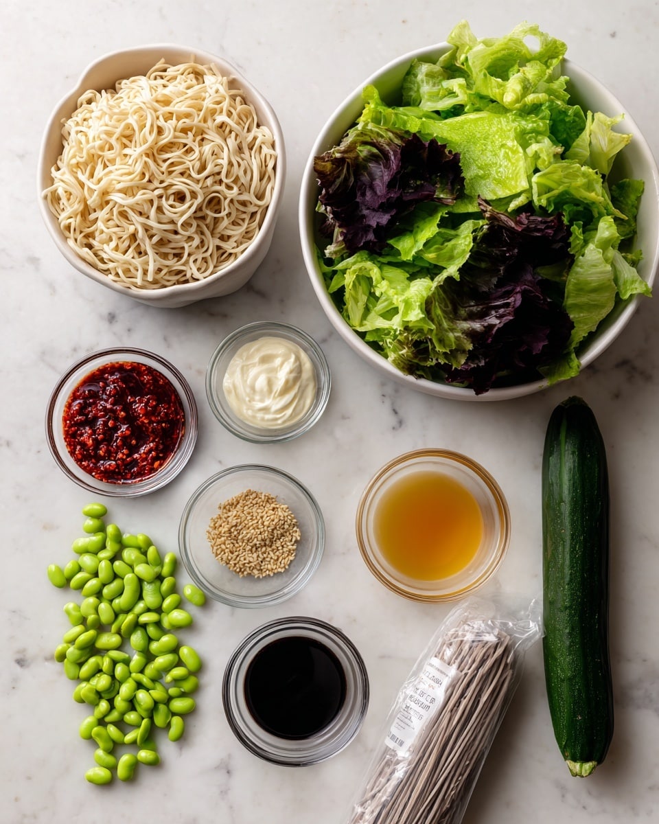 The image shows ingredients arranged neatly on a white marbled surface. On the top left is a small white bowl filled with cooked noodles, light beige in color, with a slightly soft texture. Next to it is another white bowl holding fresh green lettuce, leafy and crisp, with some dark purple leaves mixed in. Scattered on the bottom left corner are bright green edamame beans, smooth and shiny. Small clear bowls contain various sauces and spices: a bright red sauce dotted with seeds, a pale white creamy sauce, a thick dark sauce almost black, a golden yellow liquid, and a translucent orange sauce. On the right side lies a long cucumber, dark green and smooth, along with a packaged bag of craft house Asian noodles that is transparent, showing white noodles inside. The overall setup is clean and organized. photo taken with an iphone --ar 4:5 --v 7