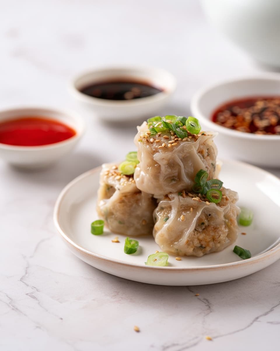 The image shows three dumplings stacked neatly on a white plate, each with a slightly translucent wrapper revealing a textured filling inside. The dumplings are light brown with small sesame seeds sprinkled on top and garnished with diced green onions. Nearby, there are two small white bowls filled with red and dark sauces. The whole setup sits on a white marbled surface, giving a fresh and clean look. Photo taken with an iphone --ar 4:5 --v 7