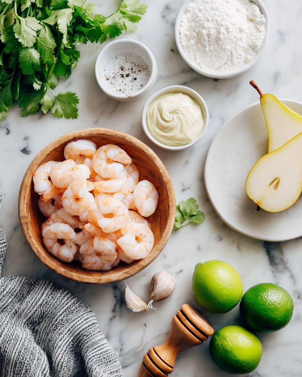 The image shows a white marbled surface with several small white bowls and a wooden bowl arranged on it. The wooden bowl is filled with pink cooked shrimp. Surrounding this bowl, there are white small bowls containing white flour, light yellow mayonnaise or sauce, and a white powder with black pepper on top. A slice of yellow pear lies on a white plate to the right. On the lower side of the image, there are two whole green limes and two halves of green limes placed on the marble. There is also a wooden citrus reamer, a garlic clove, and a woman's hand holding a gray and white striped cloth near the plate. Fresh green cilantro leaves add a bright touch on the top left corner. Photo taken with an iphone --ar 4:5 --v 7