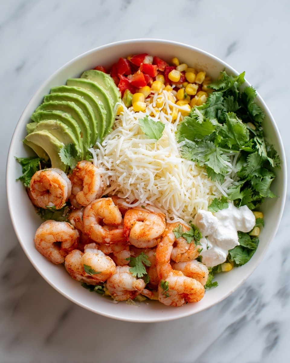 A white bowl filled with a colorful shrimp salad is shown on a white marbled surface. The bowl has about four layers: at the base is a layer of white shredded cheese; on top of that, there are cooked shrimp with a light orange color, spread evenly. To one side, bright green avocado slices and fresh green cilantro leaves form a fresh, leafy layer. Mixed in, there are small pieces of red bell pepper, yellow corn kernels, and white dollops of sour cream adding contrast and texture. The dish looks fresh, vibrant, and ready to eat. Photo taken with an iphone --ar 4:5 --v 7