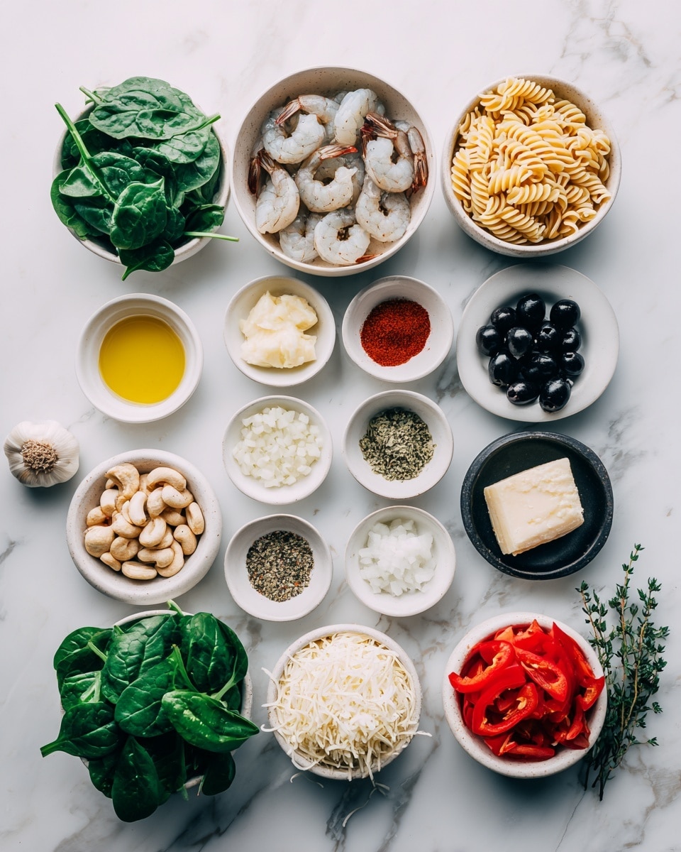 The image shows a neat arrangement of ingredients for cooking on a white marbled surface. In the top left, there is a small bunch of fresh green spinach leaves, next to a small white bowl filled with short, spiral pasta. Below them, a white bowl contains raw shrimp with their shells on. There are several small white bowls arranged neatly in rows; one contains pat of butter, another has chopped garlic, and a third has small diced white onions. Another small bowl holds a bright red spice powder, while the next one has salt. There are also small white bowls with cashew nuts, golden olive oil, sprigs of fresh thyme, and mixed ground pepper. In a separate white bowl, there are little black olives, next to a bowl with bright red chopped bell peppers, and another bowl filled with grated white cheese. A small bowl contains crushed garlic, and near the top left, there is a small black dish holding five red cherry tomatoes. A woman's hand is gently holding some fresh green leafy spinach in a white bowl at the bottom left. The whole setup is clean and organized. photo taken with an iphone --ar 4:5 --v 7