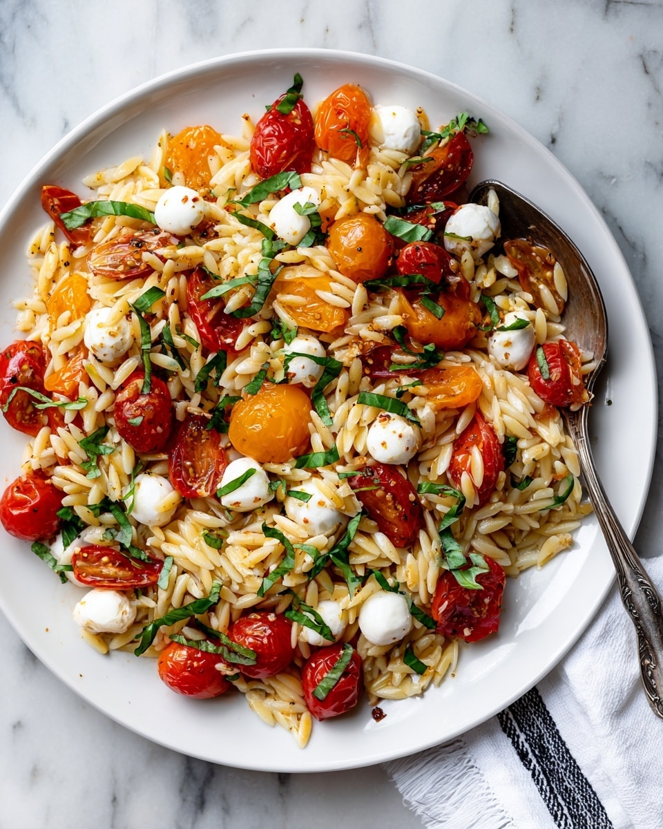The image shows a close-up of a white plate filled with orzo pasta, topped with halved cherry tomatoes in red and orange shades, small white mozzarella balls, and fresh green basil leaves scattered throughout. The orzo has a light beige color and a slightly shiny texture. The tomatoes appear juicy and slightly roasted, adding bright spots of color above the pasta. A large vintage silver spoon rests on the right side of the plate, partially inside the food. The plate is placed on a white marbled surface with a glimpse of a white cloth with black stripes on the right side. Photo taken with an iphone --ar 4:5 --v 7