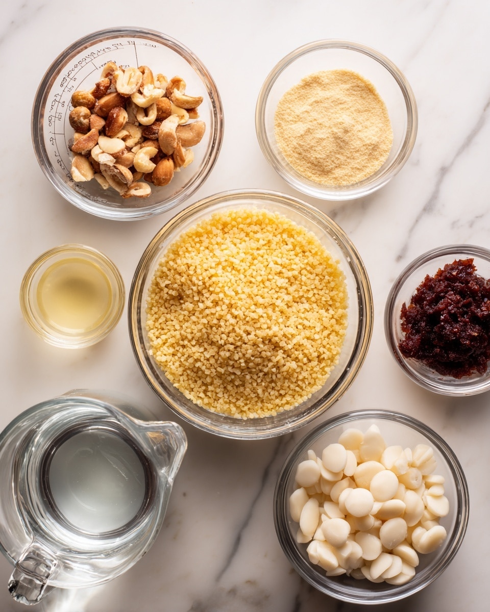 The image shows six clear glass containers arranged neatly on a white marbled surface, each holding different ingredients. The largest bowl in the center is filled with a yellow, small, rice-shaped grain. In the top left, a measuring cup contains chopped nuts with a beige and light brown color and a rough texture. To the right of the nuts, a small glass bowl holds a light yellow powder. Below that is a small amount of pale yellow liquid in another glass bowl. To the right, a bowl contains a dark red, chunky substance. At the bottom right, another small bowl is filled with white, round pieces. At the bottom left, there is a clear glass pitcher with water. photo taken with an iphone --ar 4:5 --v 7