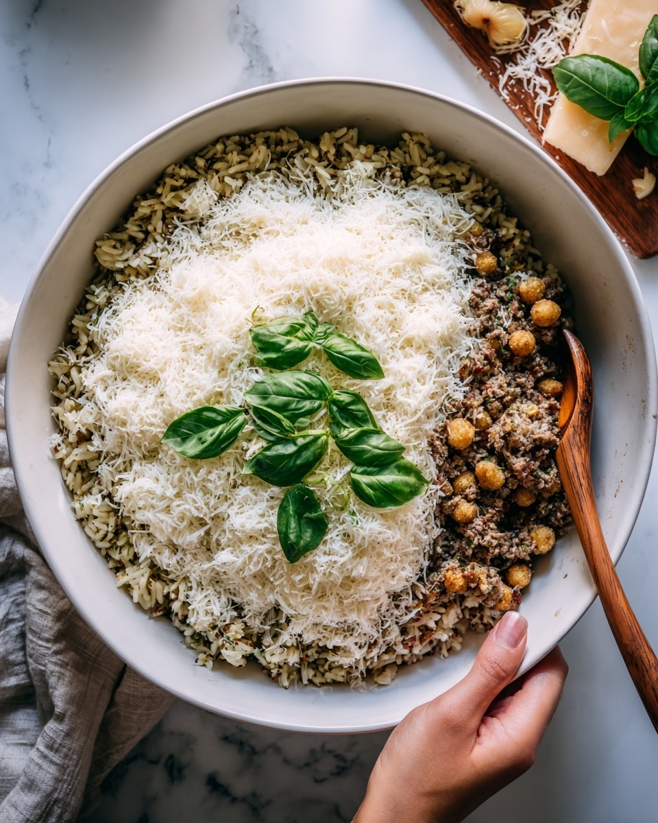 A bowl filled with a layered dish starting with a base of cooked rice with bits of seasoning visible, followed by small golden-brown round pieces mixed throughout. On top, there is a generous layer of finely grated white cheese covering most of the dish. Scattered fresh green basil leaves sit evenly over the grated cheese, adding a pop of color. A woman's hand is holding a wooden spoon placed on the right side of the white bowl. The bowl is set on a white marbled surface with some cloth and cooking ingredients blurred in the background. photo taken with an iphone --ar 4:5 --v 7