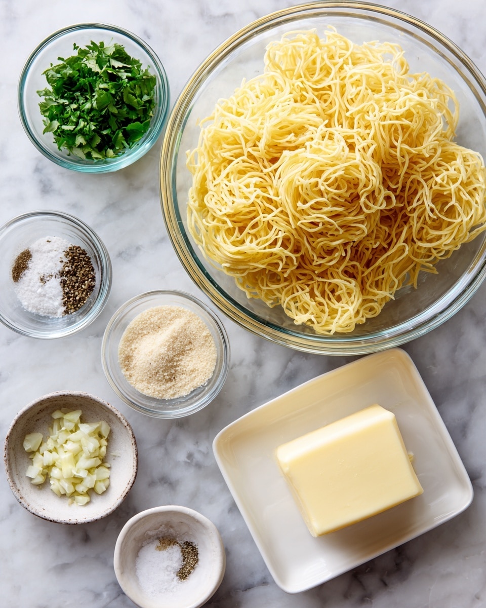 The image shows several clear glass bowls on a white marbled surface, each with different ingredients neatly arranged. There is a large bowl filled with crispy-looking yellow noodles, a small bowl with fresh green herbs, another with a light-colored powder, and a smaller bowl containing minced garlic. A small portion of granulated salt and black pepper are in two separate tiny bowls. There is also a rectangular piece of pale yellow butter on a white dish. The ingredients look fresh and ready for cooking. Photo taken with an iphone --ar 4:5 --v 7