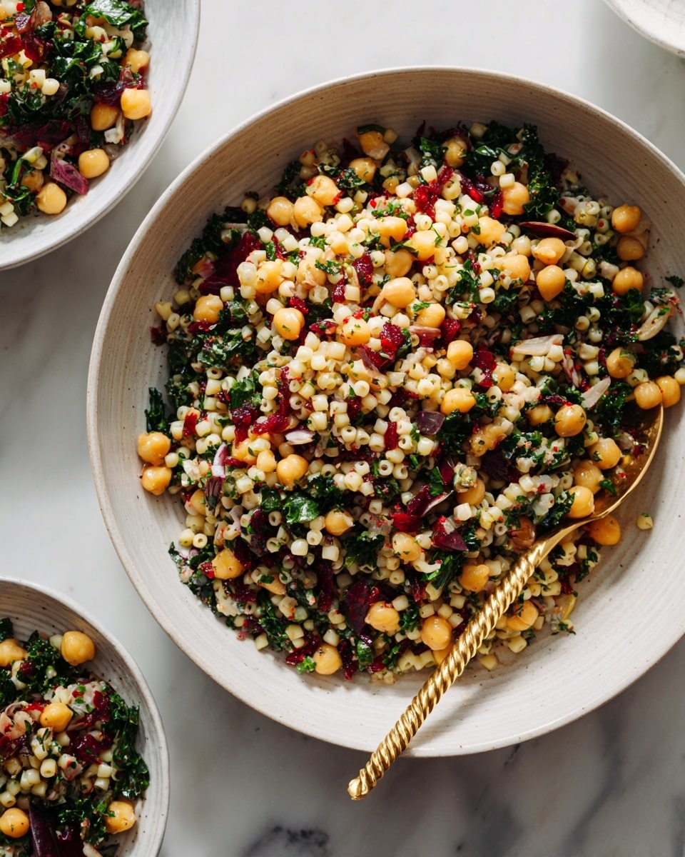 A large white bowl filled with a colorful salad made of small, pale yellow pasta pieces mixed with round, golden chickpeas. The salad also has small pieces of chopped deep red and green leafy vegetables scattered evenly throughout. A twisted gold spoon rests inside the bowl on the right side, partly buried in the salad. The bowl sits on a white marbled surface, and parts of two smaller white bowls with the same salad can be seen at the left side of the image. The lighting is bright and natural, making the colors of the salad stand out. photo taken with an iphone --ar 4:5 --v 7
