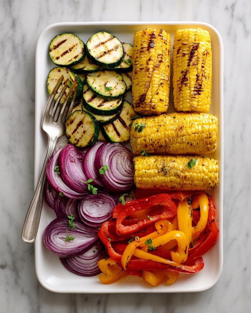 The image shows a white rectangular tray filled with grilled vegetables arranged in neat sections. At the top right, there are three golden-brown grilled corn on the cobs with visible char marks. To the left of the corn, there are sliced zucchini pieces with dark grill lines, stacked in two layers. Below the zucchini, there are circular slices of red onion, slightly charred and placed in a small pile. To the right of the onions and below the corn, there are bright red and orange bell pepper strips with black grill marks. Small green herb sprigs are scattered on top of the vegetables for garnish. The tray is set on a white marbled surface with a silver fork resting between the corn and peppers. Photo taken with an iphone --ar 4:5 --v 7