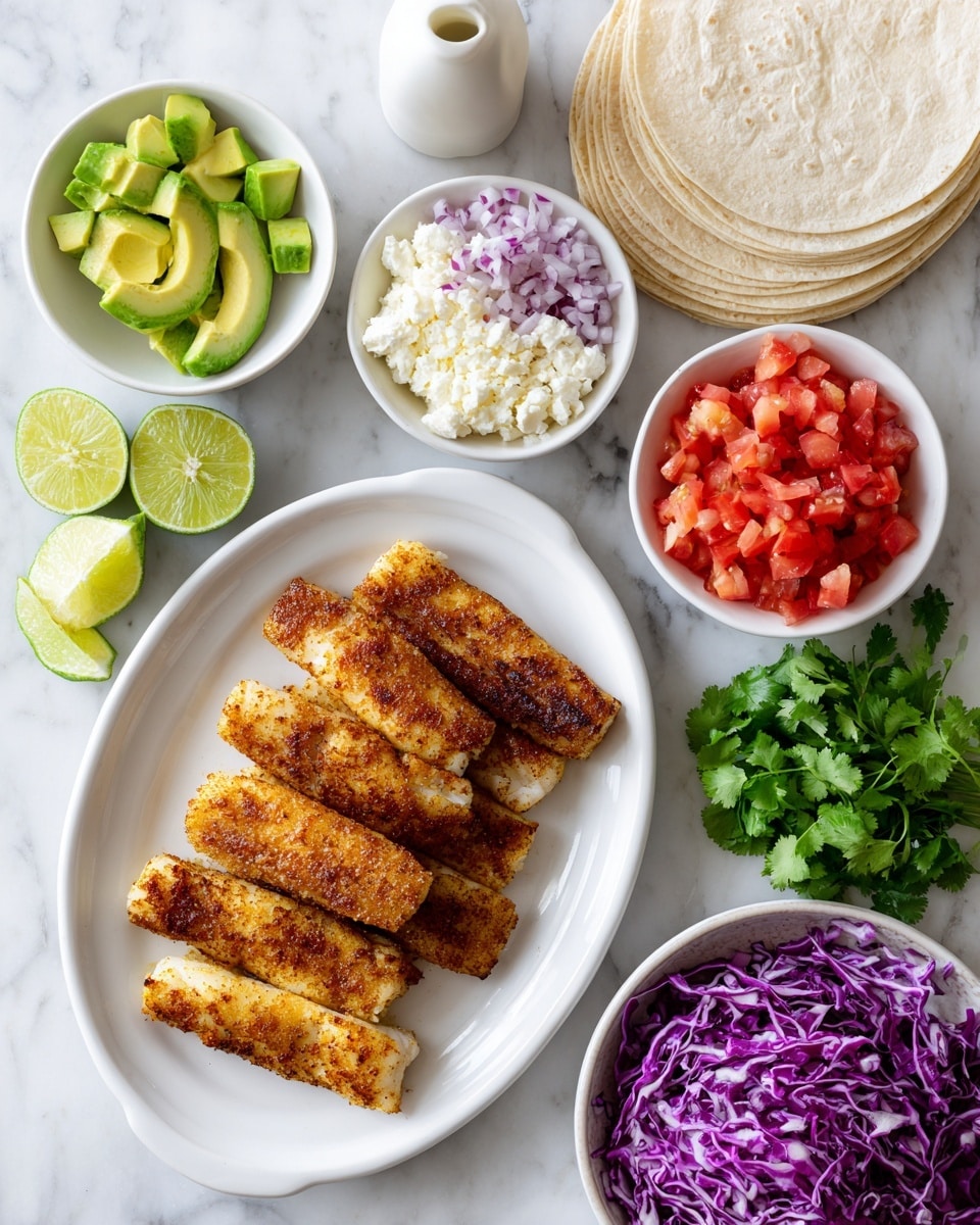 The image shows a white oval plate with six golden-brown cooked fish fillet pieces arranged in a slightly overlapping pattern on the bottom left corner. Above and around the plate are several small white bowls: one bowl on the top left is filled with sliced green avocado, the middle bowl contains crumbly white cheese, the top right bowl has finely chopped red onion, and the bottom bowl holds fresh red diced tomatoes. To the right of the plate, there is a small bunch of fresh green cilantro. Next to the cilantro is a neat stack of white corn tortillas. On the upper left of the image, there is a white squeeze bottle and several lime wedges on the white marbled surface. A large pile of shredded purple cabbage is on the right side of the image. All items are placed on a white marbled background. photo taken with an iphone --ar 4:5 --v 7