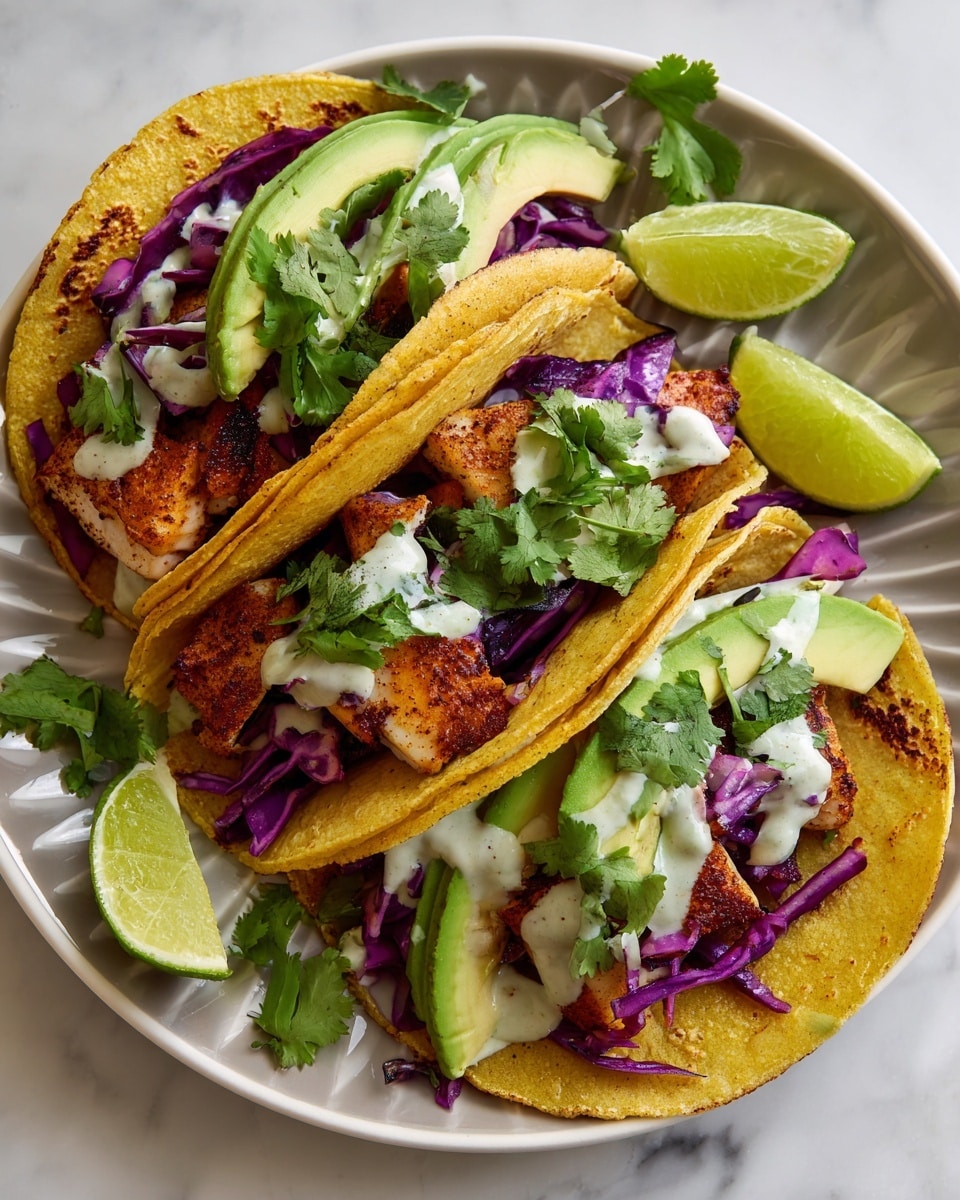 The image shows three tacos arranged closely on a white plate with a purple pattern, placed on a white marbled surface. Each taco has a yellow corn tortilla with a slightly charred look. Inside the tacos, there are several layers: first, pieces of golden-brown grilled fish or chicken; topped with thin slices of bright purple cabbage; followed by a few slices of fresh green avocado curved on one side; and scattered fresh green cilantro leaves on top. A light, creamy white sauce is drizzled over the fillings. On the side of the plate, there are two lime wedges, one stacked on the other. Some extra cilantro leaves are placed around the plate. photo taken with an iphone --ar 4:5 --v 7