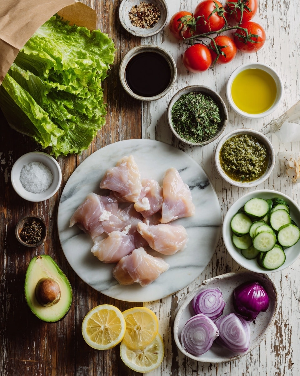 The image shows neatly arranged ingredients for a meal on a rustic wooden surface changed to a white marbled texture. There is a white plate in the center holding four pieces of raw chicken. Surrounding the plate are small white bowls with different spices and sauces, including black sauce, green herbs, a yellow sauce, and salt. A brown paper bag of green lettuce is on the left with two red tomatoes beside it. To the right of the plate is a sliced cucumber in a small white bowl, thinly sliced red onions in another white bowl, and lemon wedges on a white dish. An avocado sits near the center, with some small purple onions beside it. The overall look is fresh and organized, showing all ingredients clearly photo taken with an iphone --ar 4:5 --v 7