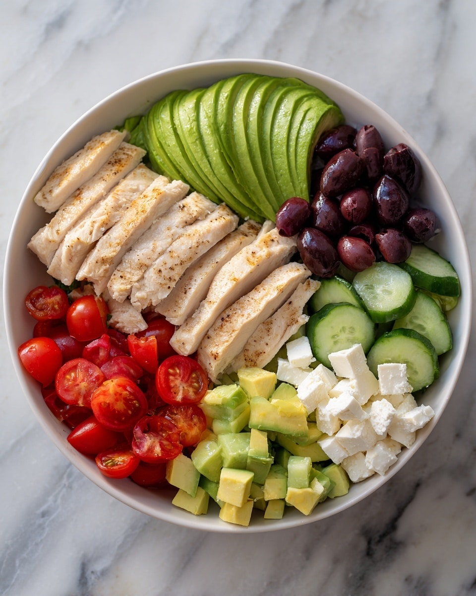A white bowl filled with a colorful salad arranged in neat sections over a white marbled surface. In the center, slices of cooked chicken with a light golden color are laid in a straight line. To the left of the chicken, there is a fan of bright green avocado slices with a smooth texture. Above the avocado, small dark purple olives are clustered together. To the right of the chicken, diced cucumber and cherry tomato pieces in green and red are mixed closely. Below that mix, there is a pile of white feta cheese chunks. Finally, diced light green avocado cubes fill the bottom left section. The overall look is fresh and bright. Photo taken with an iphone --ar 4:5 --v 7
