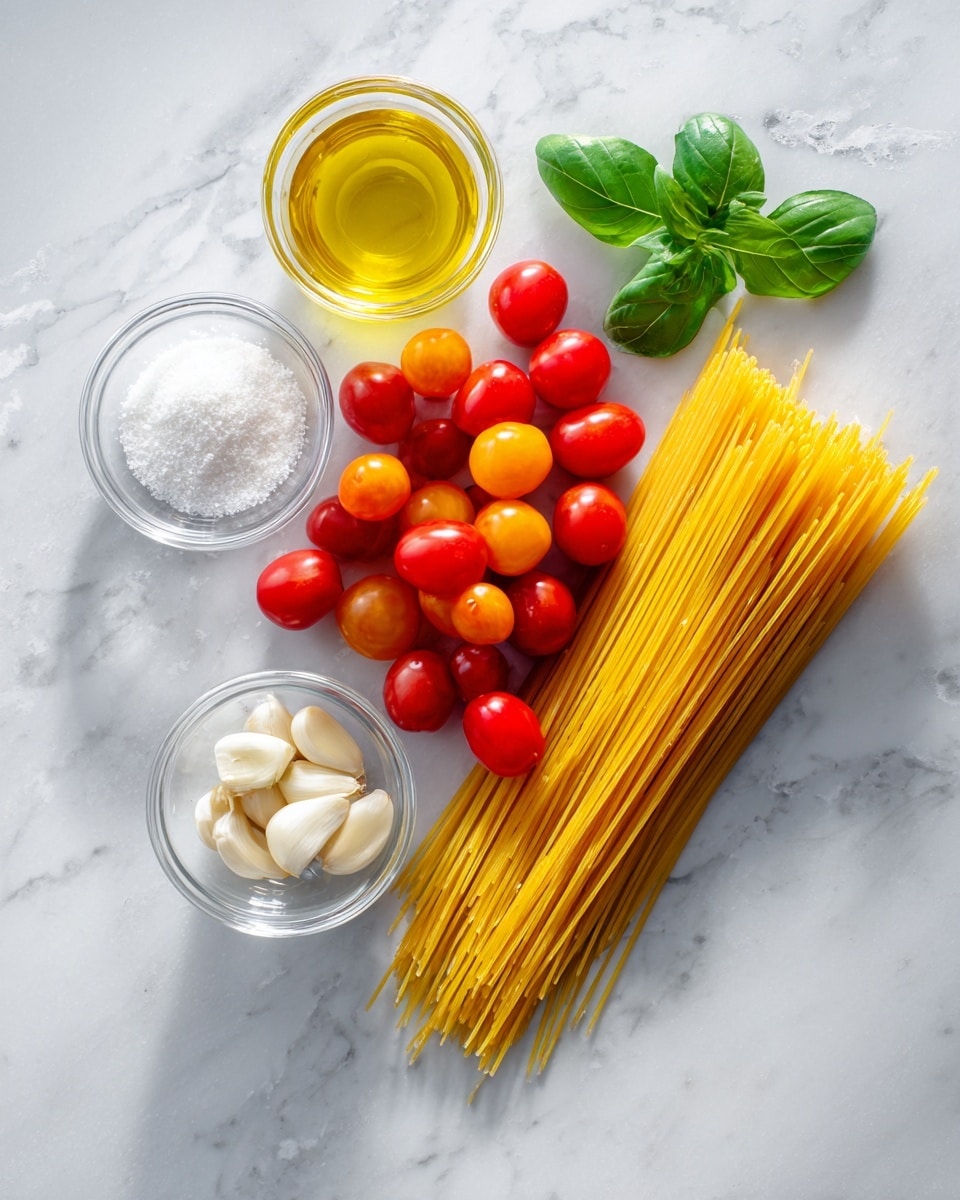The image shows ingredients arranged on a white marbled surface: a bunch of uncooked yellow spaghetti on the right side, a pile of small red and orange cherry tomatoes near the top center, a few fresh green basil leaves at the top right, a small glass bowl with light golden olive oil at the top left, a small glass bowl with white salt below it, and another small glass bowl with peeled garlic cloves to the bottom left of the tomatoes. The setup is clean and simple with bright natural light. photo taken with an iphone --ar 4:5 --v 7