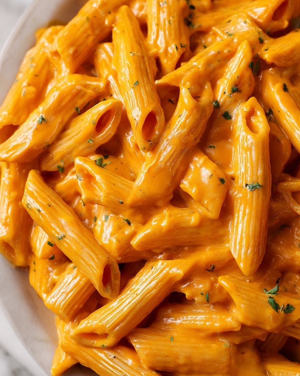 This close-up image shows creamy penne pasta fully covered in a smooth, orange-colored sauce. The penne pasta pieces are thick tubes with ridges, each coated evenly by the sauce. Small bits of green herbs are scattered throughout, adding tiny pops of color among the orange layers. The texture of the sauce appears shiny and dense, clinging well to each pasta piece. All of this is set against a white marbled surface that is barely visible. photo taken with an iphone --ar 4:5 --v 7