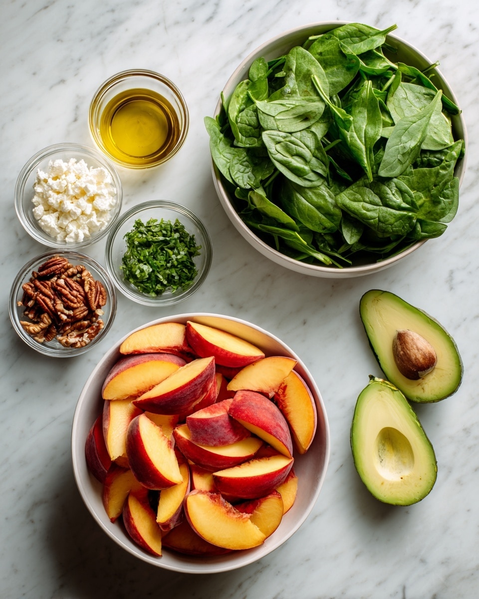 The image shows ingredients for a fresh salad on a white marbled surface. There is a large white bowl filled with dark green spinach leaves on the right side. Next to it on the left is another large white bowl holding many slices of bright orange and red peaches. Above these bowls, there are three small clear glass bowls arranged in a row holding, from left to right, chopped green herbs, white crumbly cheese, and small brown pecan pieces. To the left of these small bowls, there is a glass container with golden olive oil. Between the two big bowls and the small bowls are two avocado halves placed side by side, showing their smooth green flesh and brown seed. Photo taken with an iphone --ar 4:5 --v 7