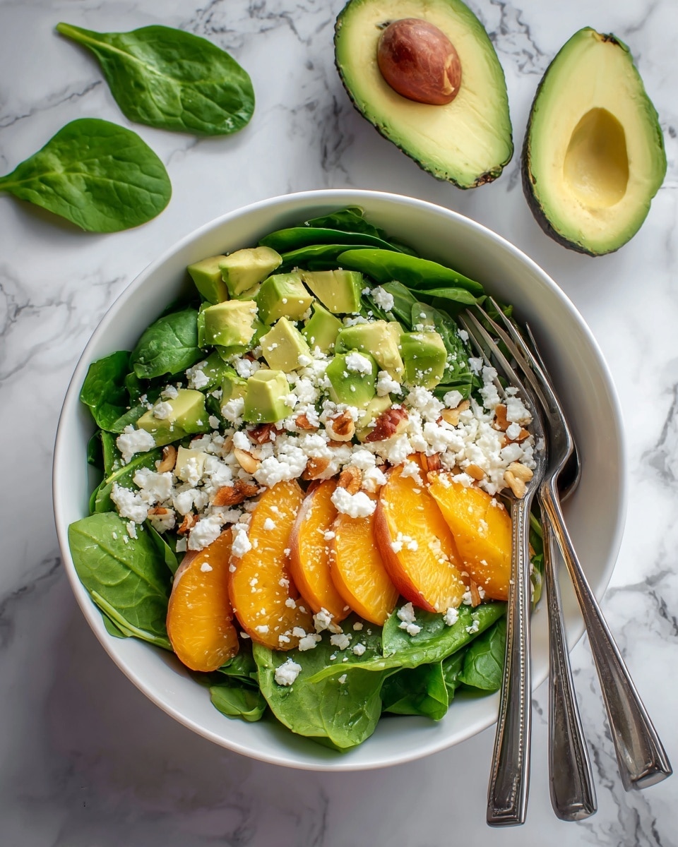 A white bowl filled with a colorful salad sits on a white marbled surface. The salad has three layers: at the bottom, fresh bright green spinach leaves; the middle layer has thin slices of orange peach or apricot and small cubes of light green avocado; on top, there are small white crumbles of cheese and scattered light brown nuts. Two silver forks rest inside the bowl on the right side. A halved avocado and a few spinach leaves are placed nearby. The photo taken with an iphone --ar 4:5 --v 7