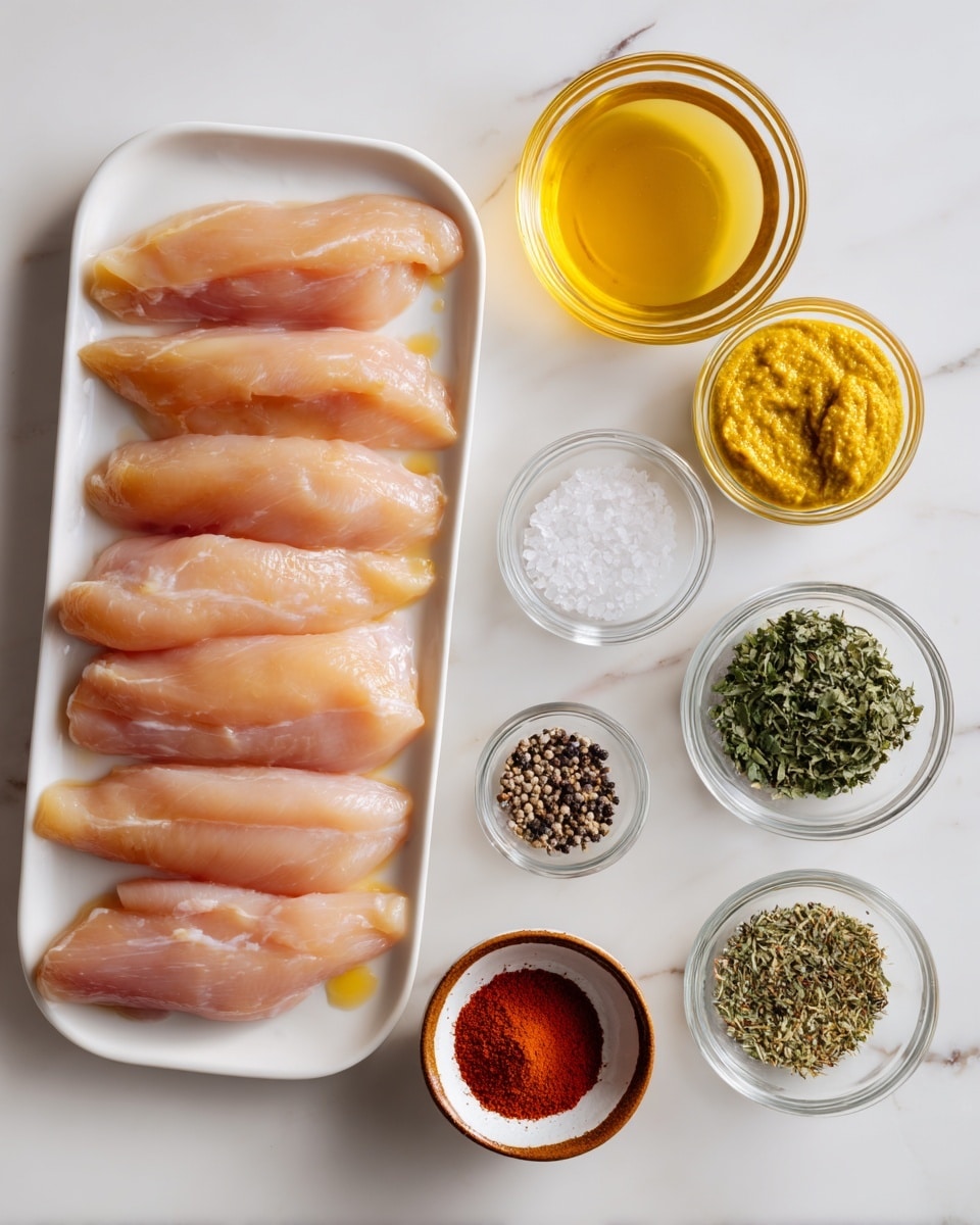 Honey Mustard Chicken Recipe 4 The image shows six raw chicken strips neatly placed in two rows on a white rectangular plate on the left side. To the right of the plate, there are seven small glass bowls and one small white ceramic bowl. From top to bottom, the glass bowls contain a golden honey-like liquid, a smooth yellow mustard paste, a green leafy herb, a red powder, and a greenish dried herb. The small white bowl in the center holds white salt crystals, and a small bowl with a brown rim contains a mix of black and white pepper. Everything is set on a white marbled surface. Photo taken with an iphone --ar 4:5 --v 7