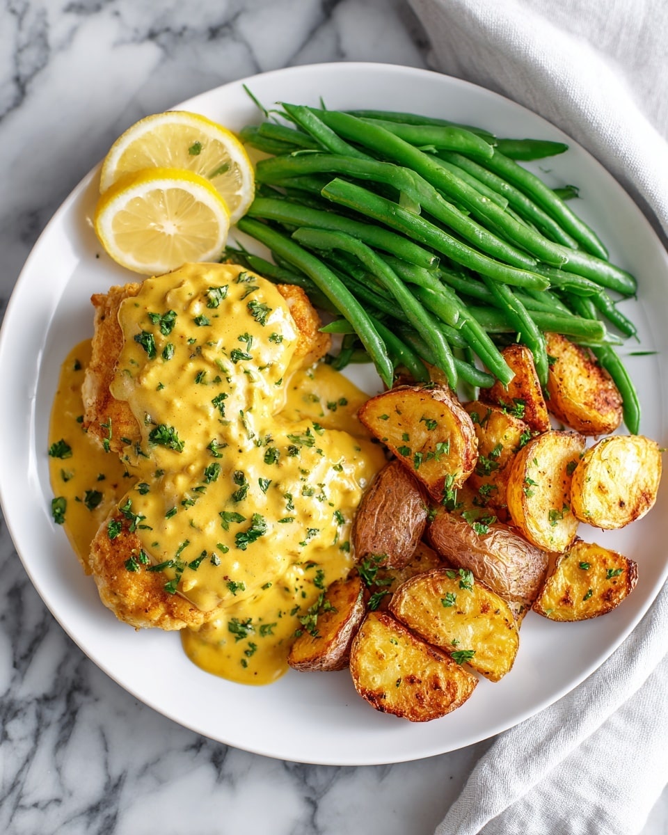 Honey Mustard Chicken Recipe 5 A white plate holds a meal with three main parts: two pieces of golden-brown chicken covered in a thick, yellow creamy sauce with visible herbs, placed on the left side; a pile of bright green, steamed green beans on the top right; and crispy, seasoned potato wedges with a golden-brown color filling the bottom right. A wedge of lemon is visible on the top left edge of the plate, resting against the food. The plate sits on a white marbled surface with a slightly folded white cloth napkin in the top right corner. photo taken with an iphone --ar 4:5 --v 7