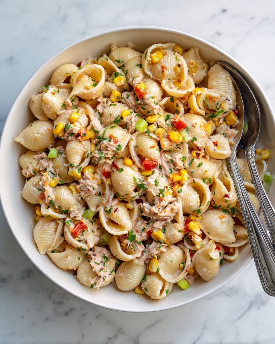 A large white bowl filled with shell pasta mixed with small bright yellow corn kernels, light green celery pieces, chunky red bell pepper bits, and small chunks of light pink tuna. The pasta shells are coated in a creamy white dressing with bits of green herbs scattered throughout. Two silver spoons are placed inside the bowl for serving, and the whole scene is set on a white marbled surface. photo taken with an iphone --ar 4:5 --v 7