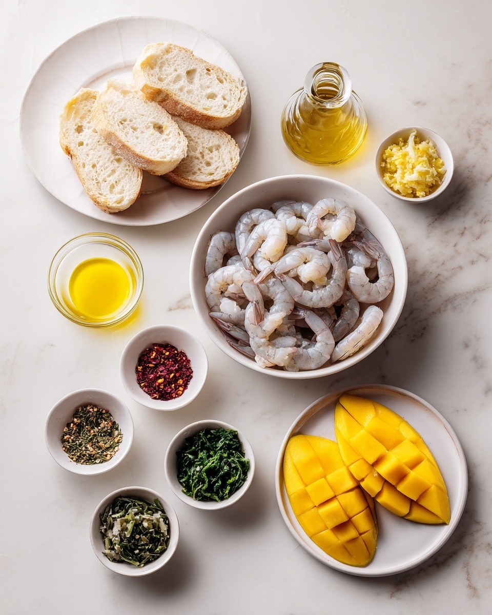 A white bowl in the center is filled with raw shrimp, showing a soft gray and pink color with slightly curled shapes. To the top left, there is a white plate with sliced bread that has a light golden-brown crust and soft white inside. To the top right, a small glass oil bottle holds clear golden-yellow oil. Nearby, a small white bowl contains a light yellow minced or grated ingredient. Below, a glass cup filled with a bright yellow liquid sits near four small white bowls of chopped herbs and spices: one with red flakes, one with green leafy herbs, one with finely sliced dark green pieces, and one with a bright green pile. A white plate on the right side holds three sliced mango pieces with a smooth, shiny yellow surface on a white marbled texture background. The photo taken with an iphone --ar 4:5 --v 7