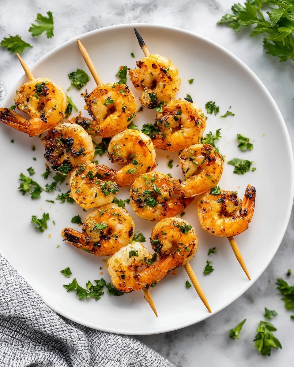 The image shows a white plate with two wooden skewers each holding six grilled shrimp. The shrimp are light orange with some char marks, and their texture looks cooked and slightly firm. Scattered fresh green parsley leaves rest on and around the shrimp, adding a color contrast. The plate is placed on a white marbled surface with a subtle gray pattern. The overall look is clean, fresh, and simple. photo taken with an iphone --ar 4:5 --v 7