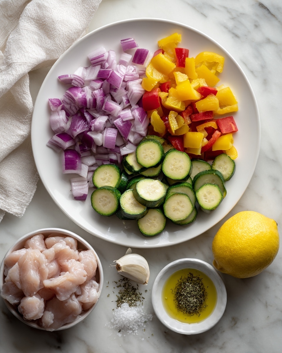 A white plate holds three sections of chopped vegetables: purple onion pieces on the top, bright yellow and red bell pepper pieces on the right, and sliced green zucchini arranged in a neat pile on the bottom left, with two small garlic cloves resting next to the onion. Below this plate is a white bowl filled with raw, pale pink chicken chunks. To the right of the bowl is a whole yellow lemon, below which lies a small white dish containing a mix of coarse salt and dried green herbs. At the bottom center is a small clear glass container with golden olive oil. The setting is on a white marbled surface with a soft white cloth on the left side. photo taken with an iphone --ar 4:5 --v 7